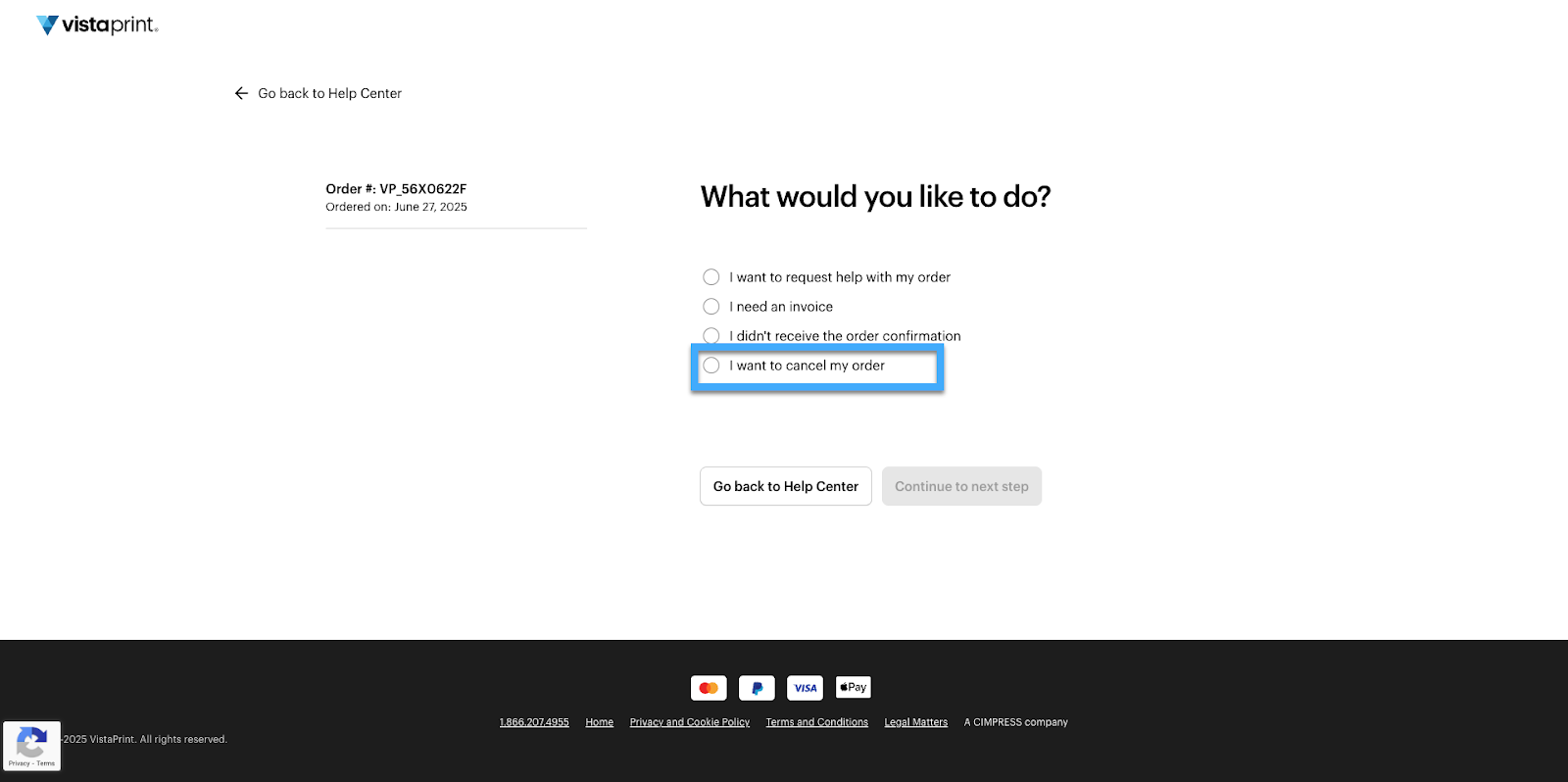 Order help form with a list of options and the option ‘I want to cancel my order’ has been highlighted